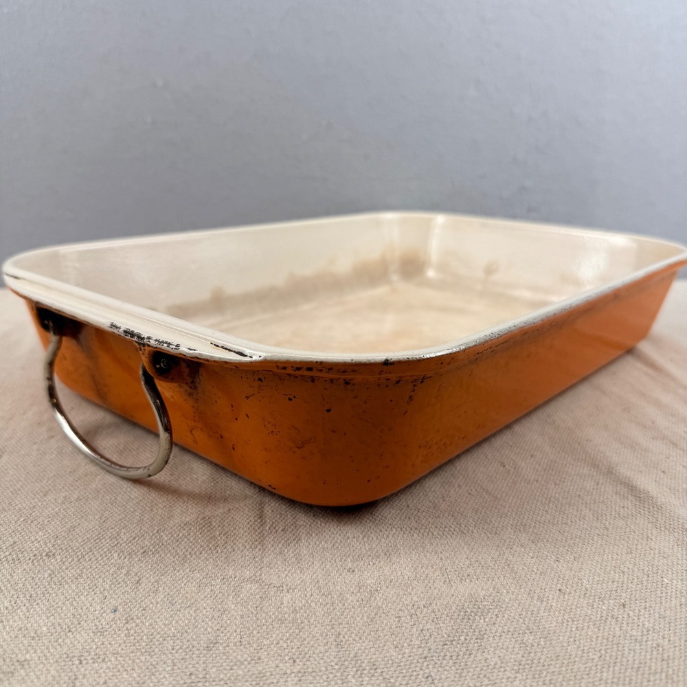 Vintage Le Creuset Flame Orange 15x10 Roasting Pan Folding Handles HTF France